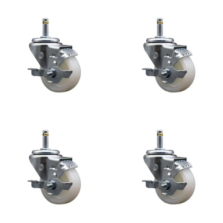 Service Caster 3'' Nylon Wheel Swivel 7/16'' Grip Ring Stem Caster Set with Brake, 4PK SCC-GR20S314-NYS-TLB-716138-4